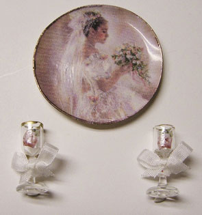 Dollhouse Miniature Bride Platter & Wine Goblets